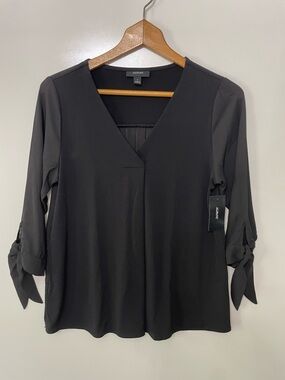 Alfani Sheer Flowy Black Top V Neck 3/4 Sleeve Top Womens S Fairy Grunge Vamby